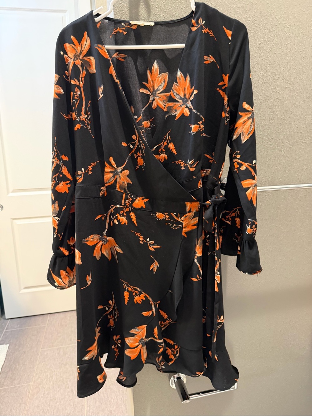 Le Lis Black Wrap Dress with Orange Floral Pattern